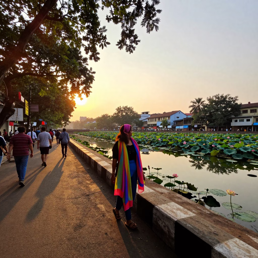 Golden Hour Mumbai Street Scene with Colorful Scarf and Lotus Pond View in in Mumbai, India