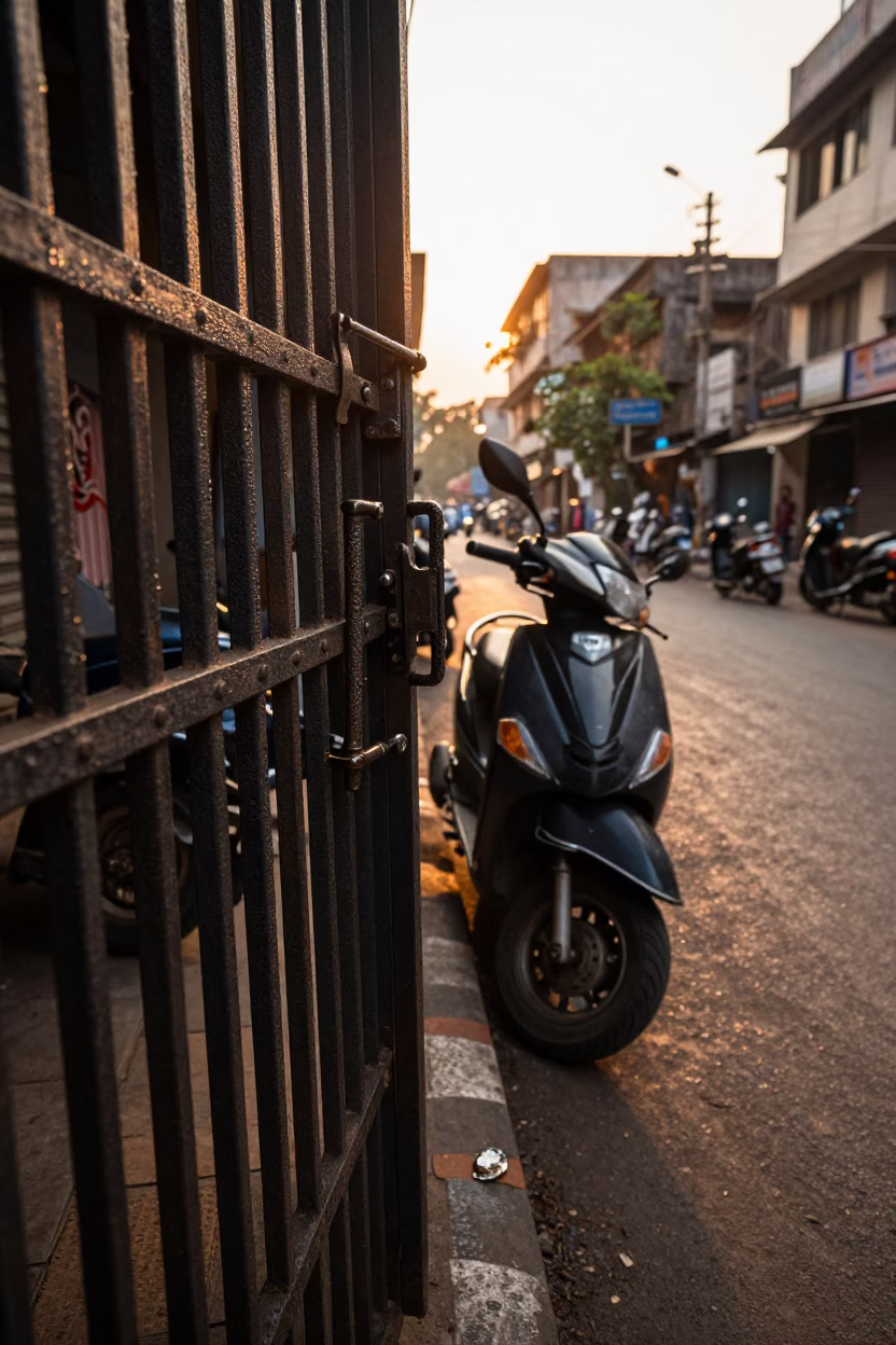 Golden Hour Mumbai Street Scene with Scooter and Latch Details in in Mumbai, India