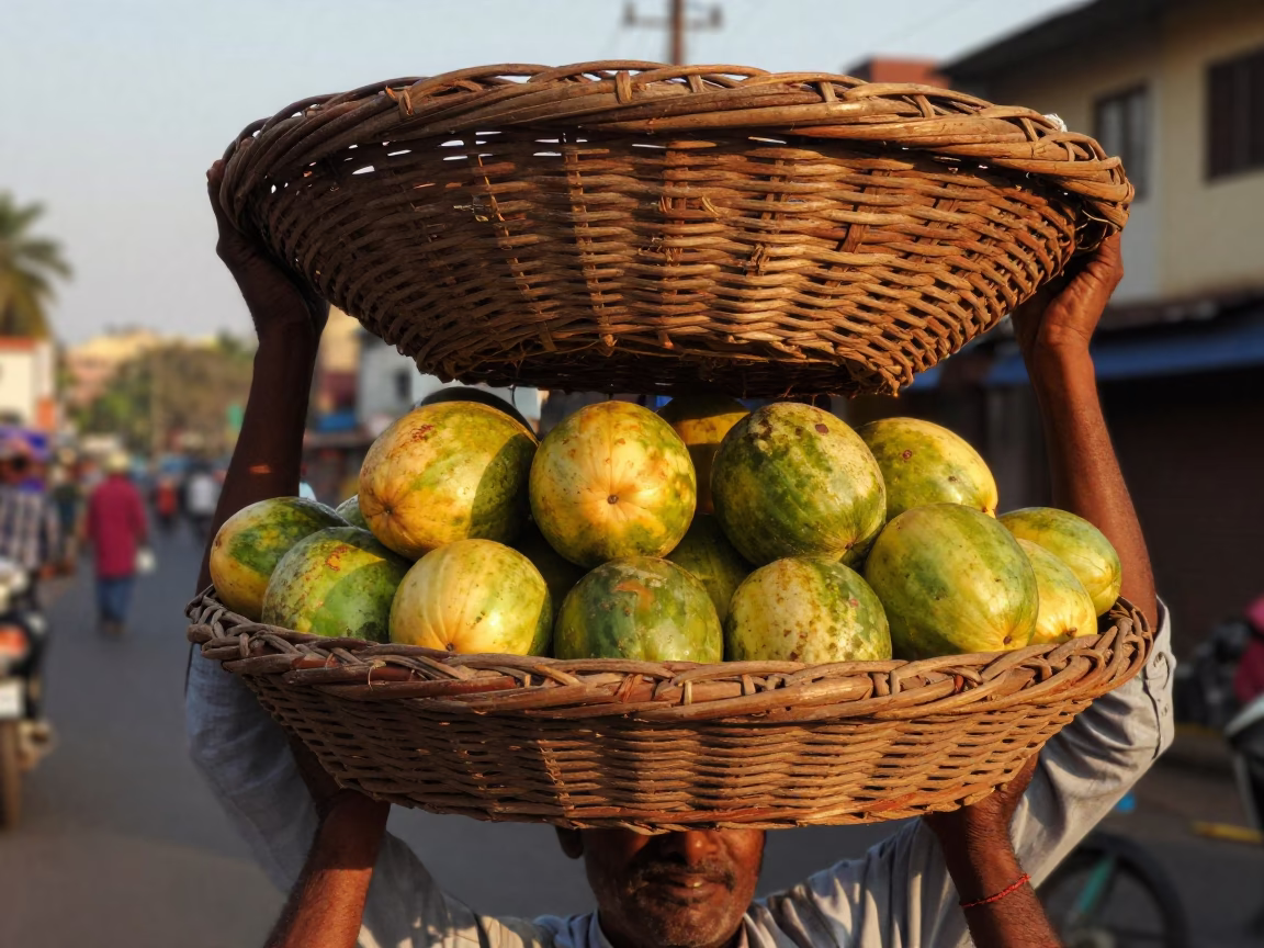 Golden Hour Mumbai Street Vendor Melons and Wicker Basket Cinematic Photography in in Mumbai, India