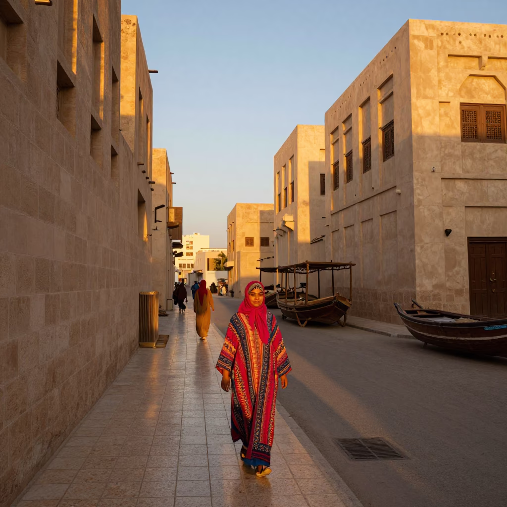 Golden Hour Muscat Street Scene with Traditional Dhow and Local Life in in Muscat, Oman
