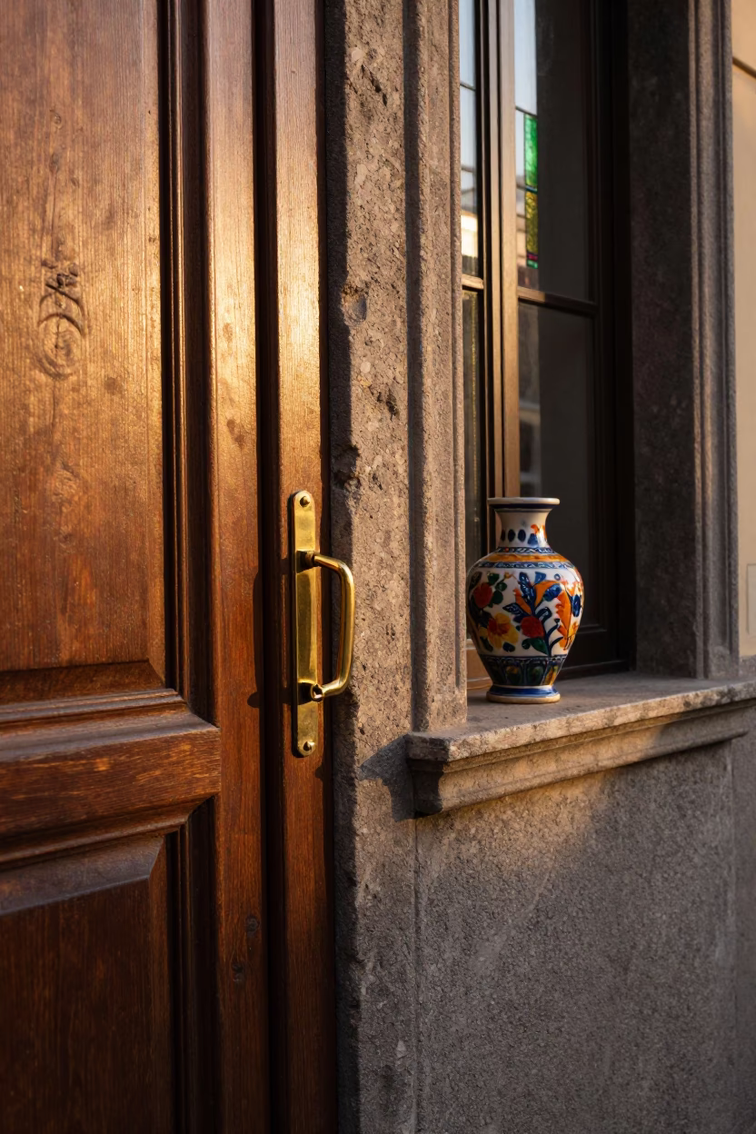 Golden Hour Naples Street Scene with Brass Latch and Colored Glass Bottle in in Naples, Italy