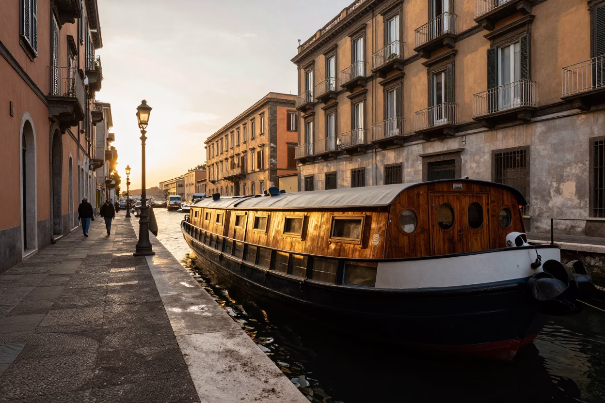 Golden Hour Naples Street Scene with Canal Barge and Urban Details in in Naples, Italy