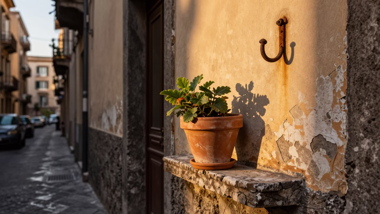 Golden Hour Naples Street Scene with Flowerpot and Wall Hook Details in in Naples, Italy