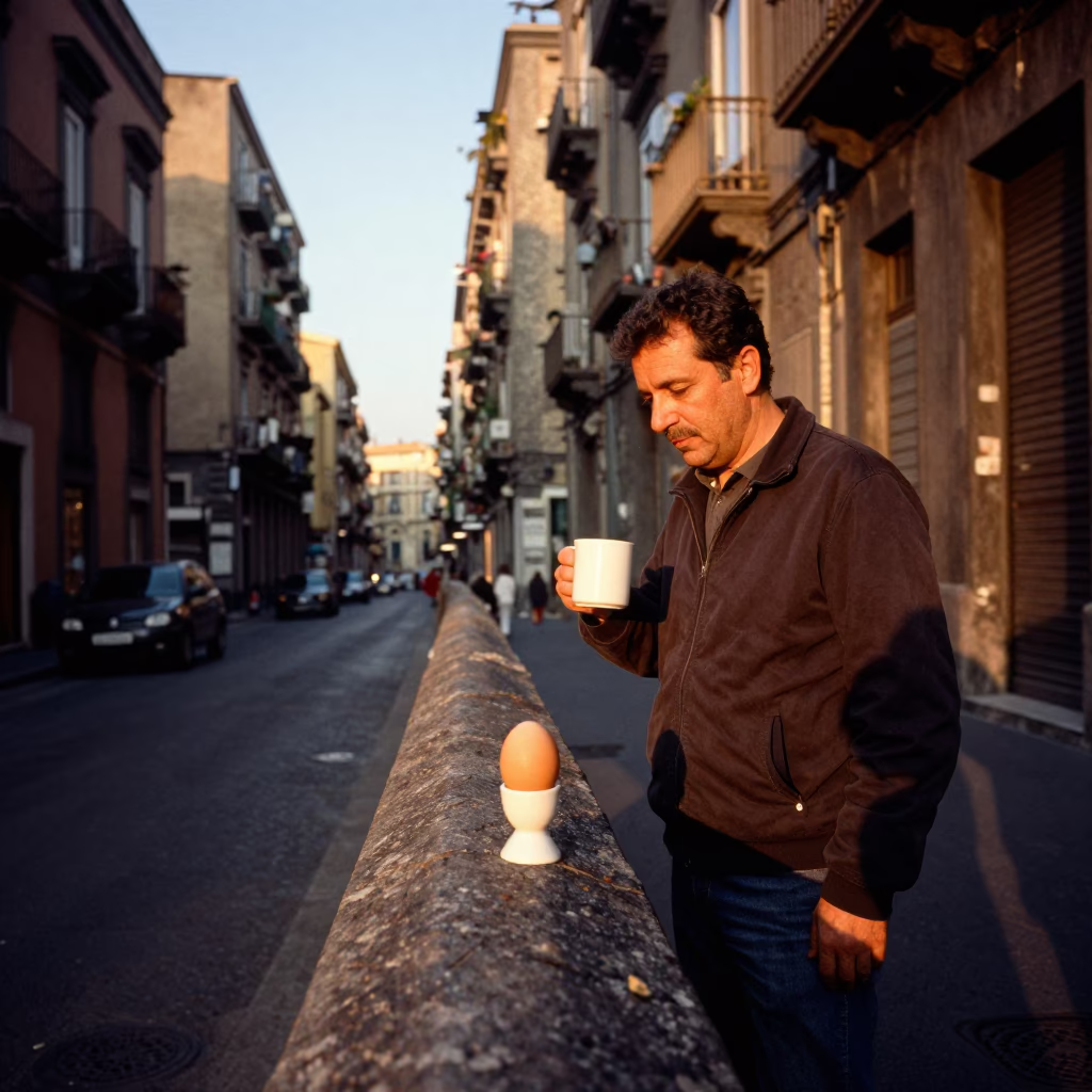 Golden Hour Naples Street Scene with Mug and Egg Cup on Balcony in in Naples, Italy