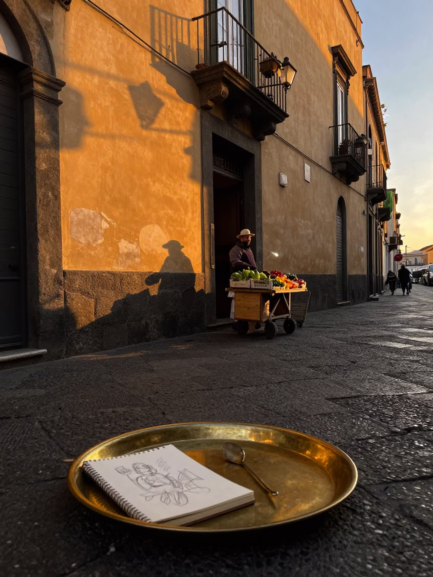 Golden Hour Naples Street Scene with Polished Brass Tray and Sketchbook in in Naples, Italy