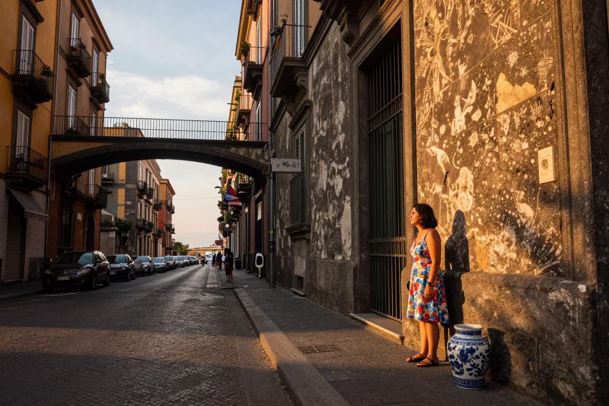 Golden Hour Naples Street Scene with Porcelain Jar and Pedestrian Overpass in in Naples, Italy