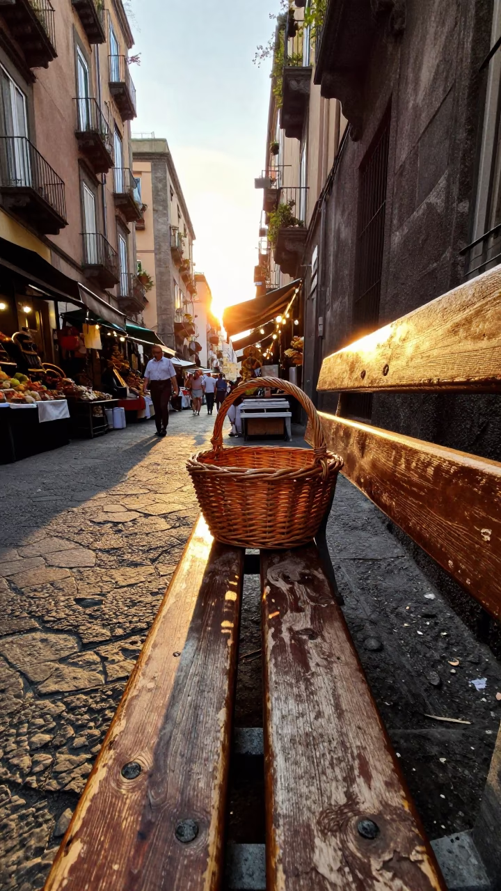 Golden Hour Naples Street Scene with Sunlight and Local Market Details in in Naples, Italy