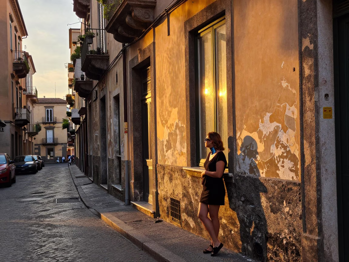 Golden Hour Naples Street Scene with Vintage 1960s Aesthetic and Local Details in in Naples, Italy