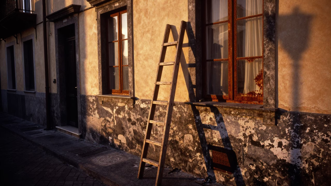 Golden Hour Naples Street Scene with Wooden Ladder and Rusty Window Sill in in Naples, Italy