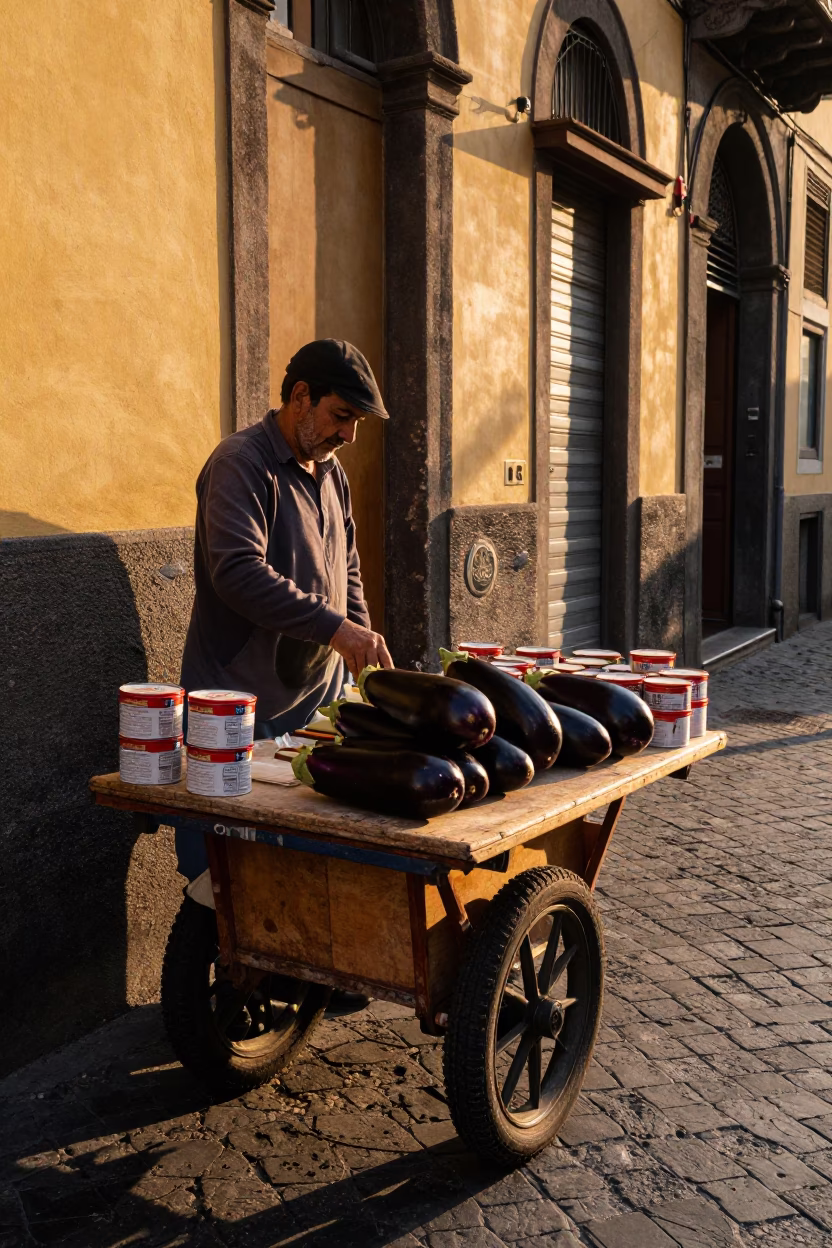 Golden Hour Naples Street Vendor Selling Eggplants and Tiffin Tins in in Naples, Italy
