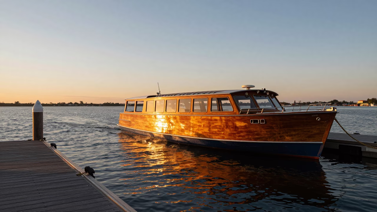 Golden Hour Naples Water Taxi at Floating Dock with Sunset Light in in Naples, Italy