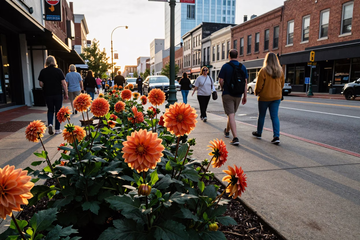 Golden Hour Nashville Street Scene with Dahlia Garden Blooms and Urban Architecture in in Nashville, Tennessee, United States