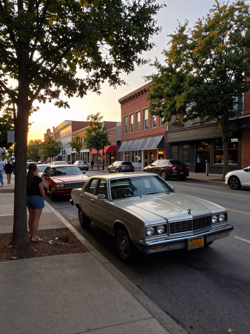Golden Hour Nashville Street Scene with Vintage Car and Local Pedestrians in in Nashville, Tennessee, United States