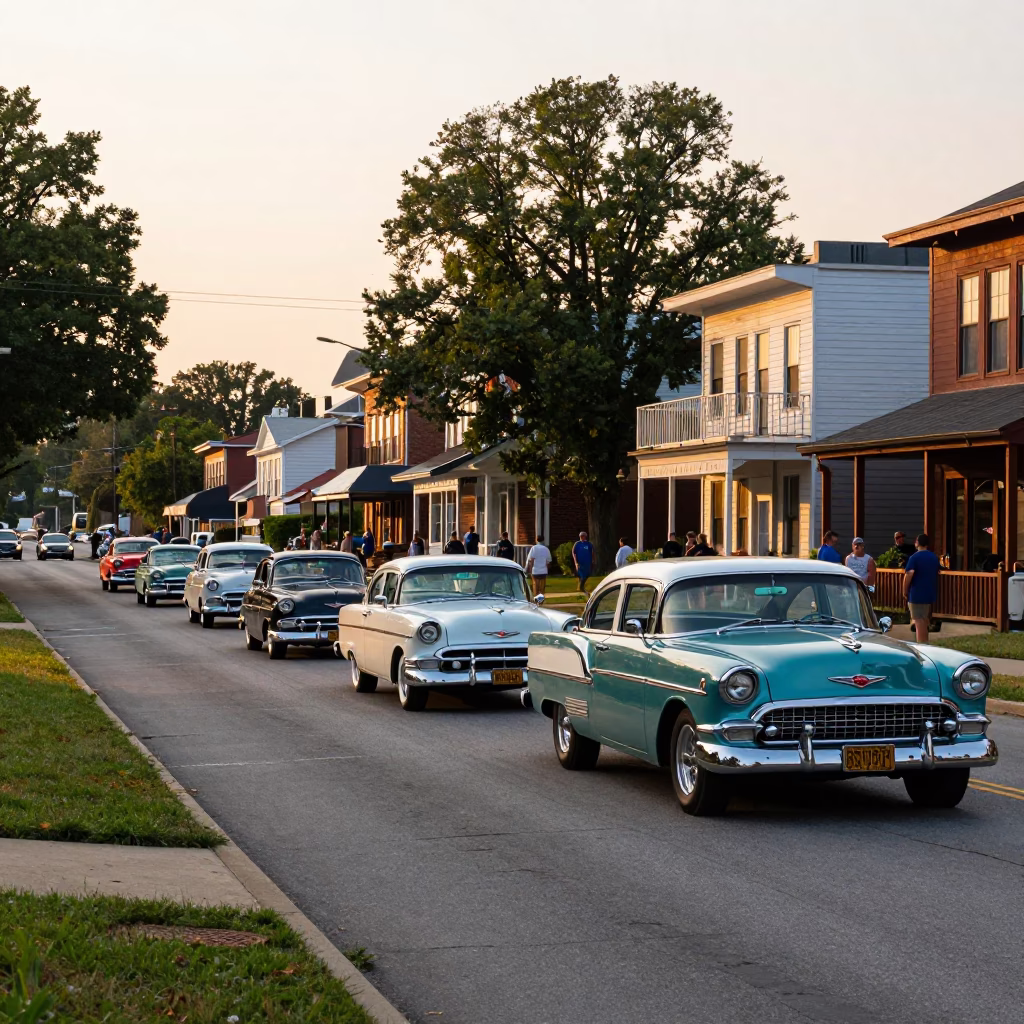 Golden Hour Nashville Street Scene with Vintage Car Rally and Local Diners in in Nashville, Tennessee, United States