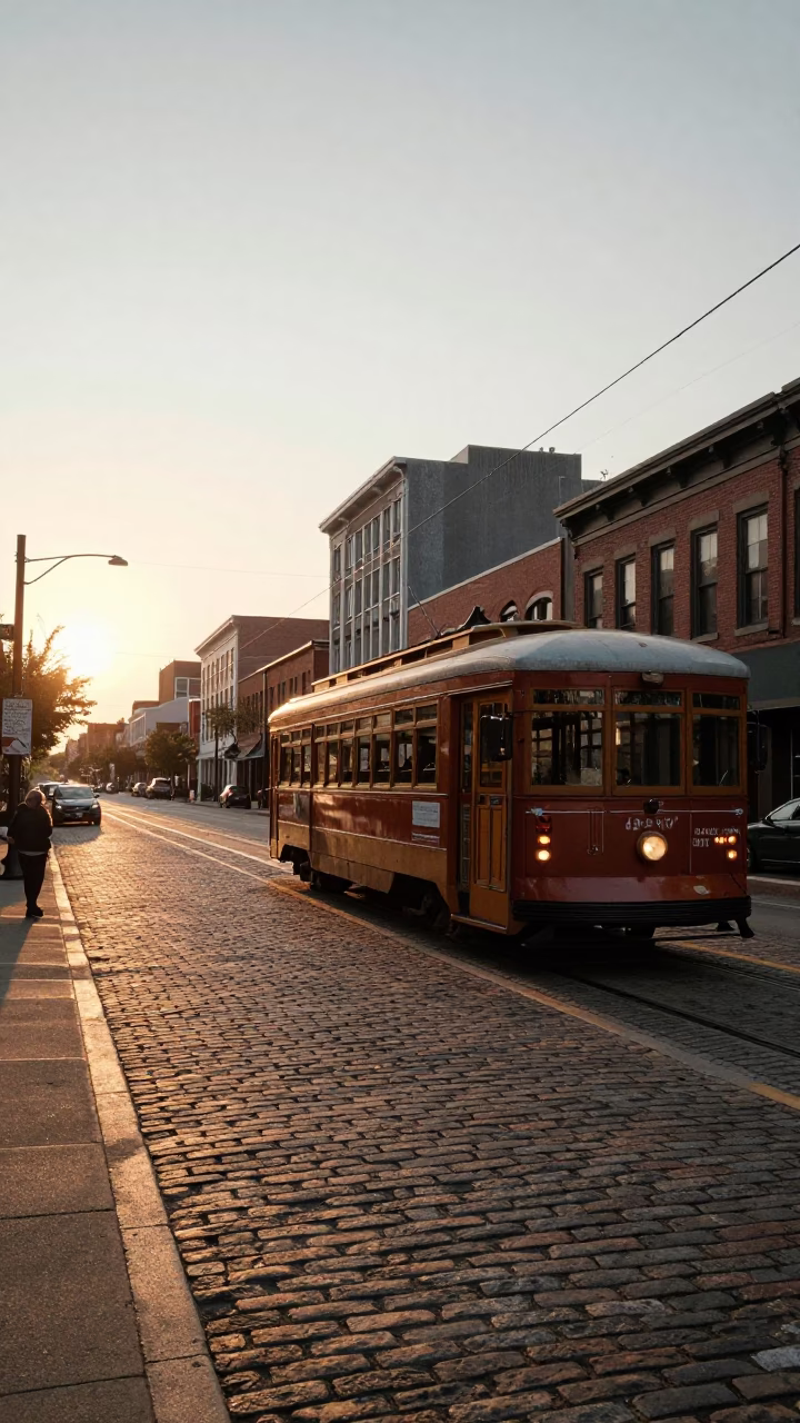 Golden Hour Nashville Street Scene with Vintage Tram and Cobblestone Avenue in in Nashville, Tennessee, United States