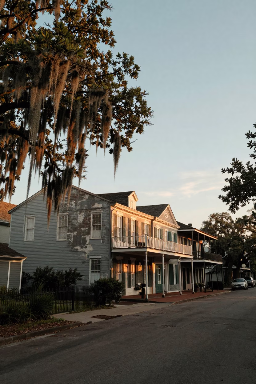 Golden Hour New Orleans Live Oak Spanish Moss Street Scene 1960s Realism in in New Orleans, Louisiana, United States