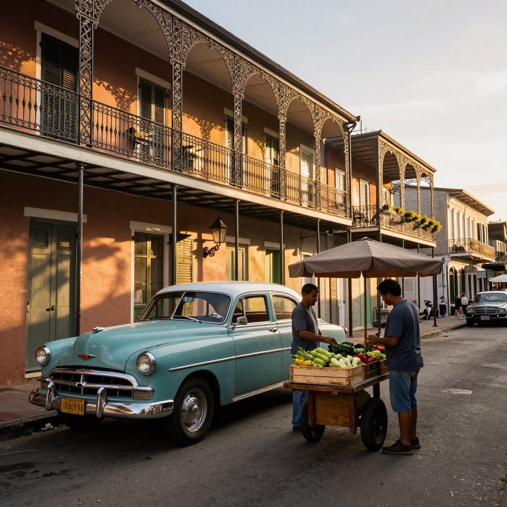 Golden Hour New Orleans Street Scene with Vintage Car and Local Interaction in in New Orleans, Louisiana, United States