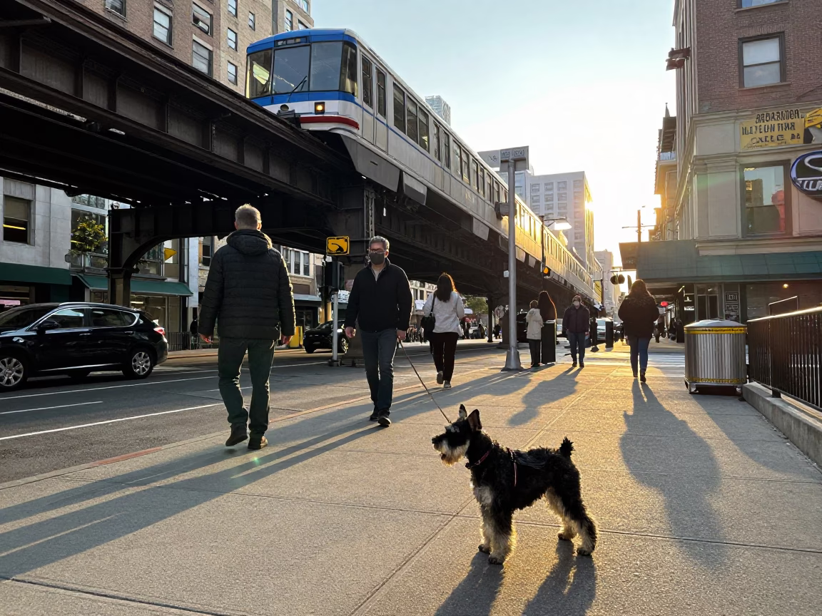 Golden Hour New York Street Scene with Monorail and Standard Schnauzer in in New York, New York, United States