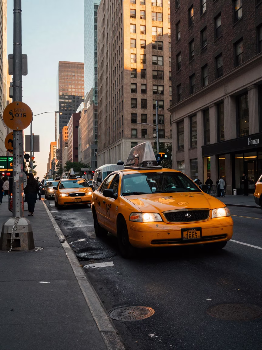 Golden Hour New York Street Scene with Yellow Taxi and Tea Stained Rail in in New York, New York, United States