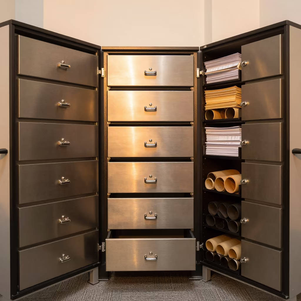 Golden Hour Notary Seal Drawer Office Bay Tel Aviv in inside an open-plan office bay near Rothschild, Tel Aviv