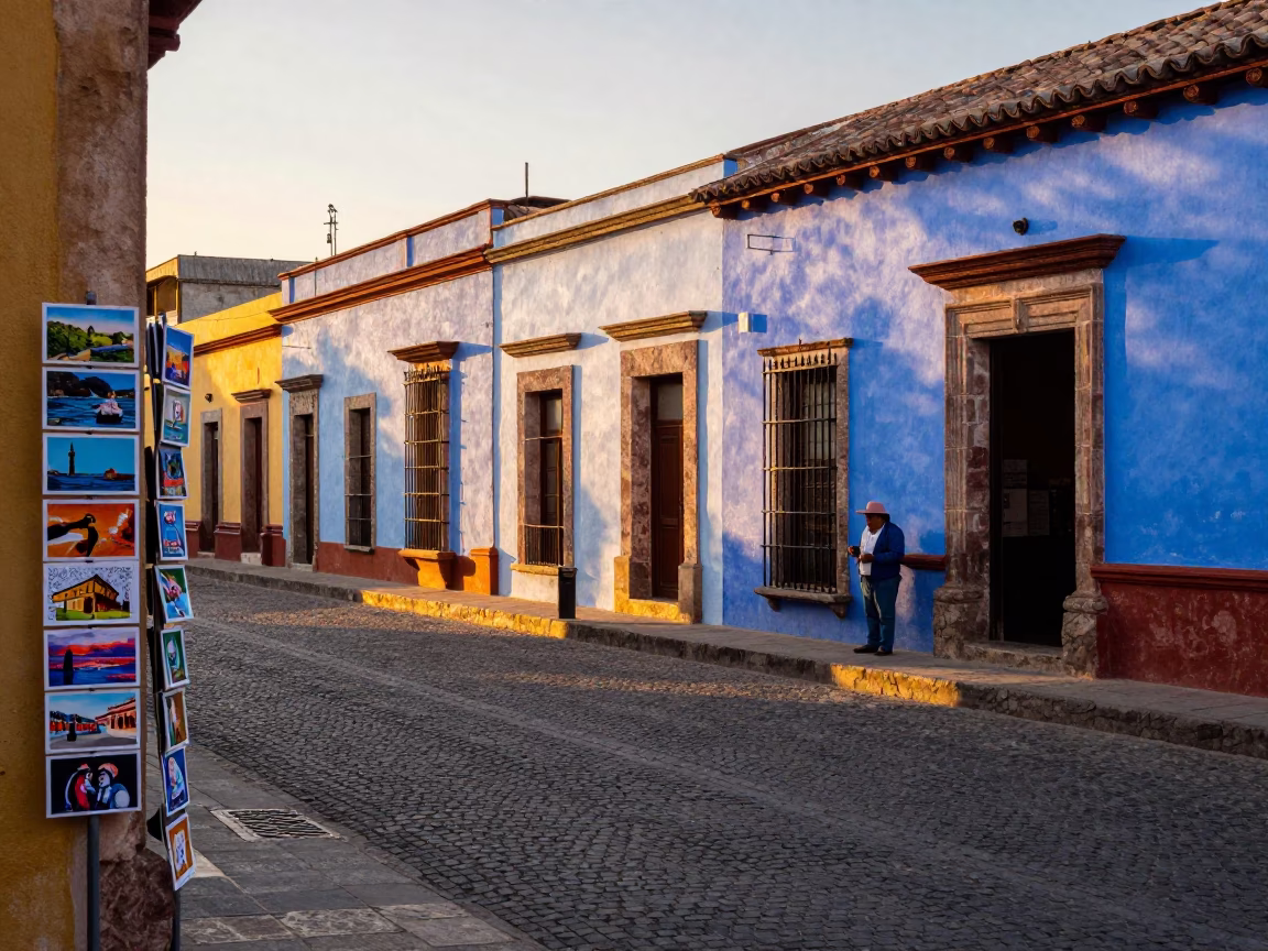 Golden Hour Oaxaca Street Scene with Colorful Postcards and Traditional Architecture in in Oaxaca, Mexico