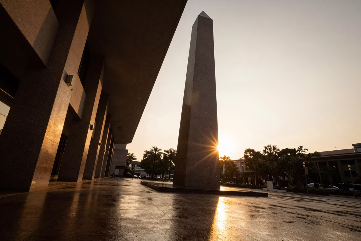 Golden Hour Obelisk in Skylit Monsoon Plaza in inside a skylit passageway near Torreón