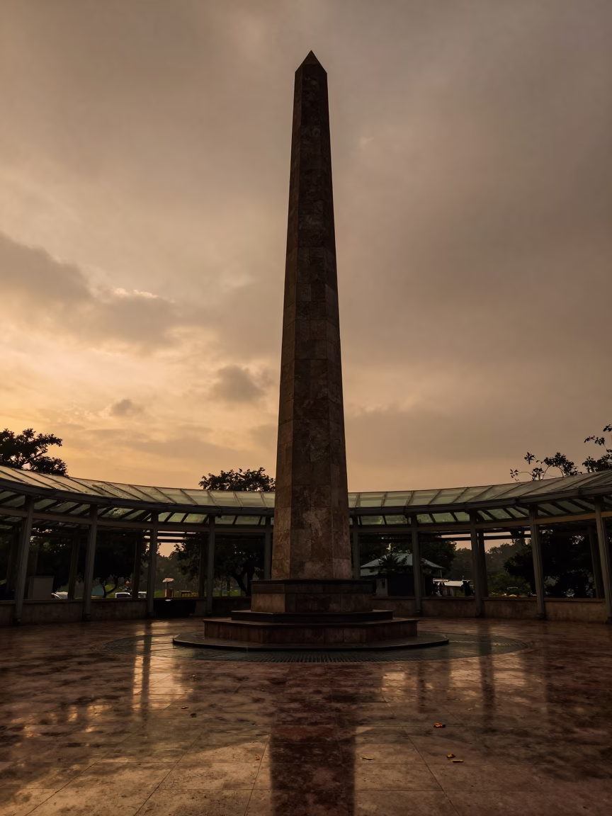 Golden Hour Obelisk Reflections Dhanmondi Plaza in inside a glass-roofed arcade near Dhanmondi, Dhaka