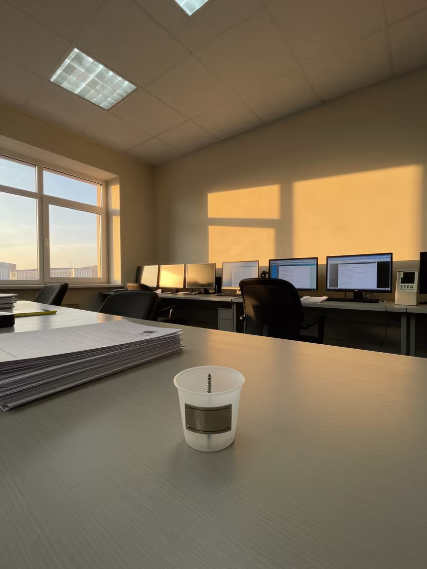 Golden Hour Office Desk Nameplate Cup Yerevan in in an operations center under monitor glow near Yerevan