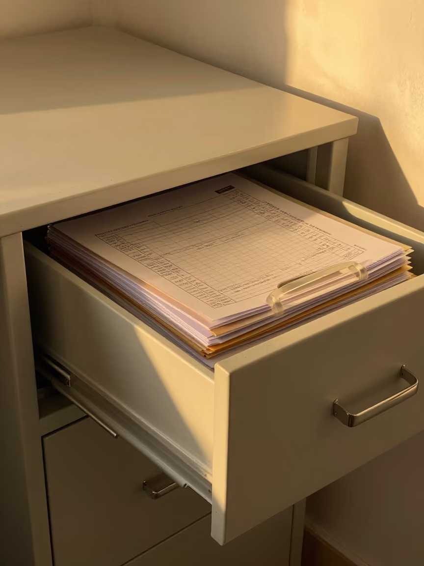 Golden Hour Office Drawer with Map Folders in inside an open-plan office bay in Santiago de Cuba