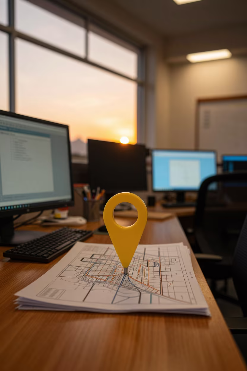 Golden Hour Office Map Pin Case in Thimphu in in an operations center under monitor glow in Thimphu