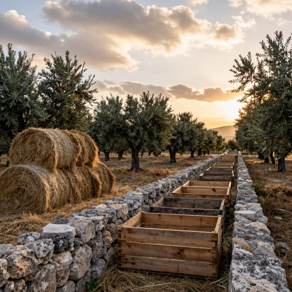 Golden Hour Olive Grove Wall with Harvest Crates in beside stacked hay bales in Sicily