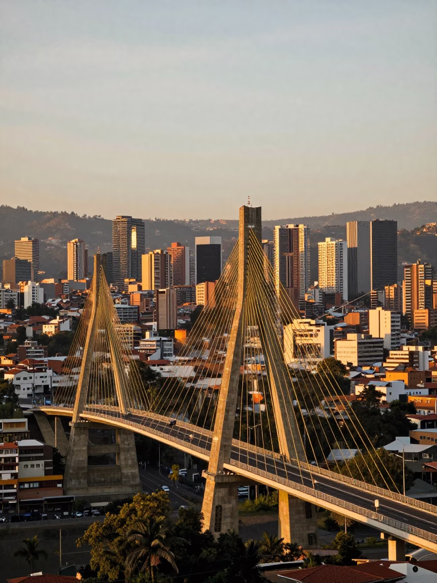 Golden Hour on Abrazo Bridge And City Skyline in Medellin in in Medellin, Colombia