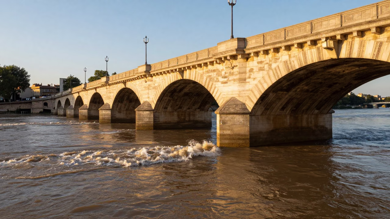 Golden Hour on Bridge Pier Splitting Brown Rhone River Current in Lyon in in Lyon, France