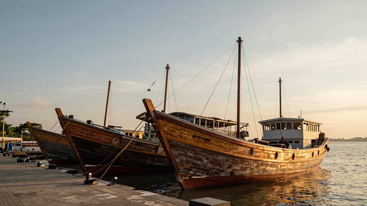 Golden Hour on Busy Harbor in Surabaya in in Surabaya, Indonesia