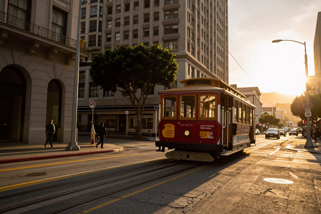 Golden Hour on Cable Car And Urban Sunset Scene in San Francisco in in San Francisco, California, United States