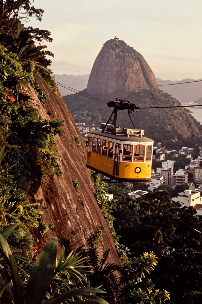 Golden Hour on Cable Car Descending in Rio De Janeiro in in Rio de Janeiro, Brazil