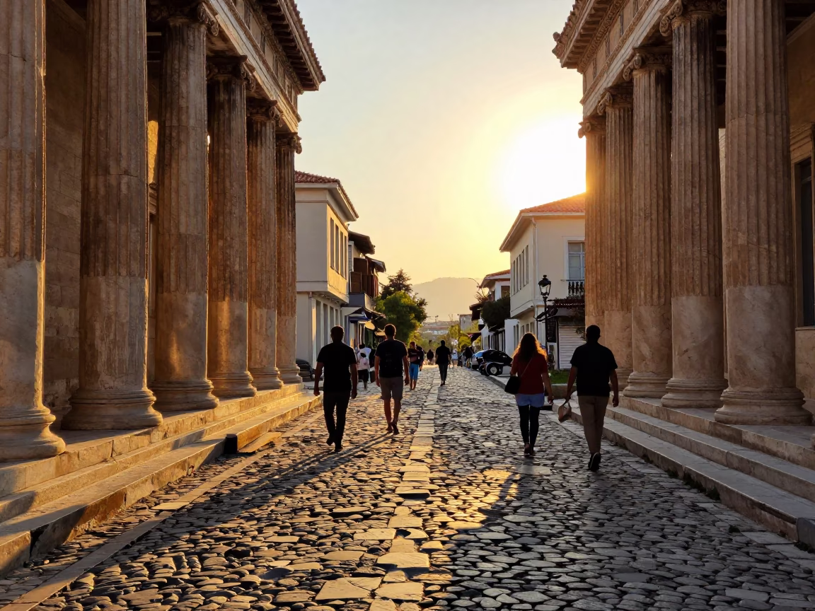 Golden Hour on Cobblestone Streets in Athens in in Athens, Greece