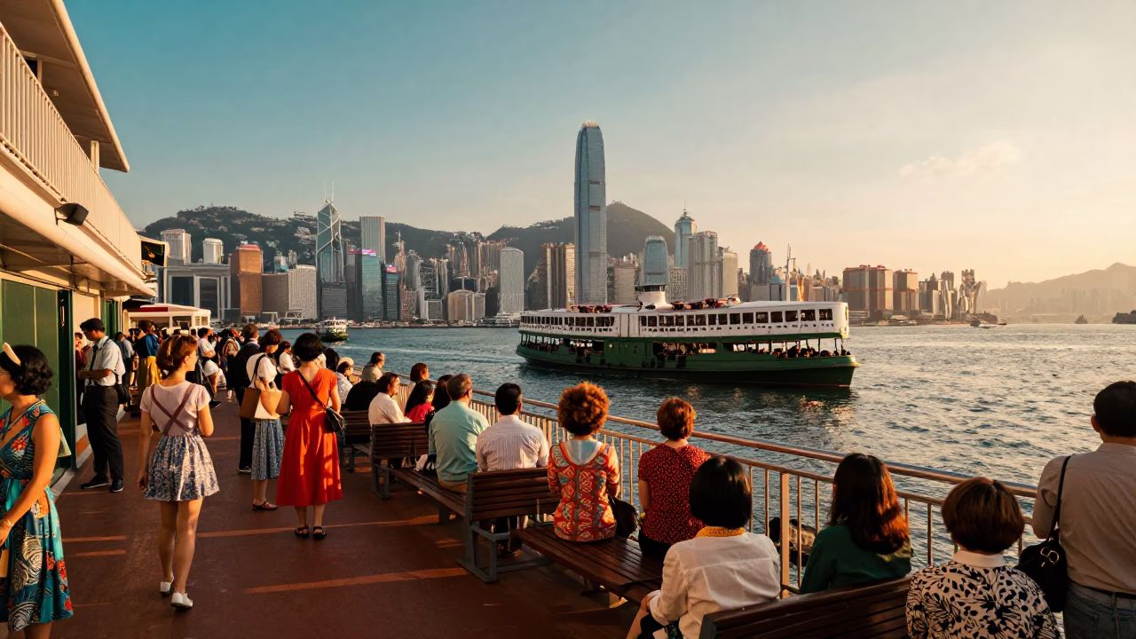 Golden Hour on Crossing Harbor in Hong Kong in in Hong Kong, Hong Kong