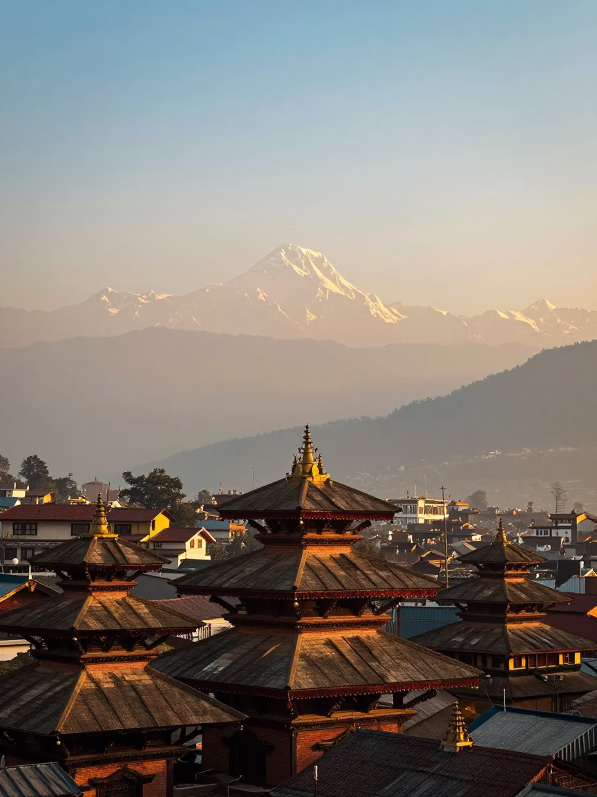 Golden Hour on Dhaulagiri Mountain Range And Traditional Brick Architecture in Kathmandu in in Kathmandu, Nepal
