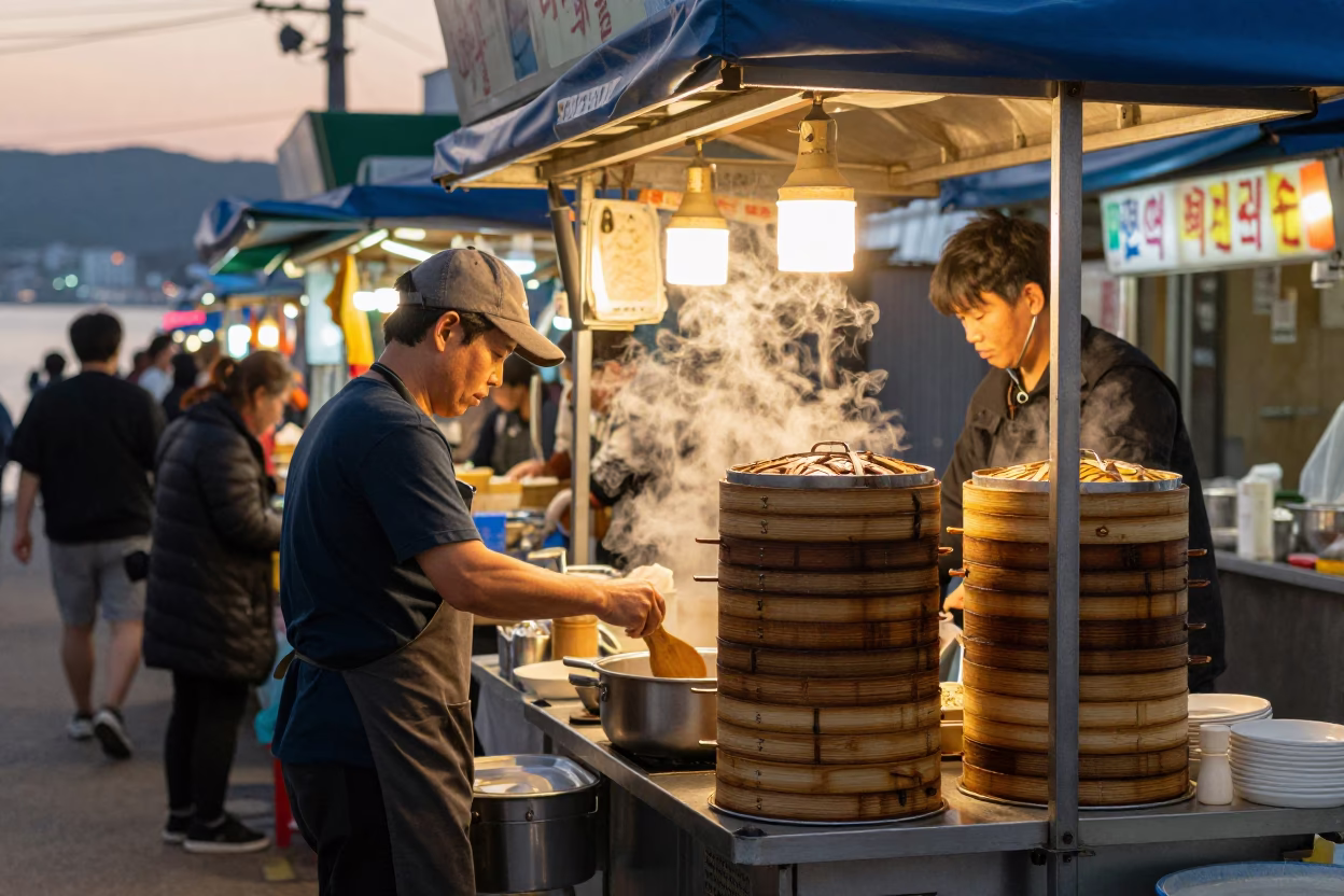 Golden Hour on Market Stall in Busan in in Busan, South Korea