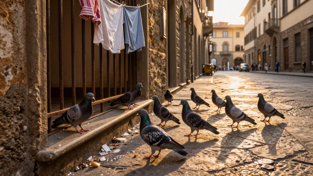 Golden Hour on Pigeons in Florence in in Florence, Italy