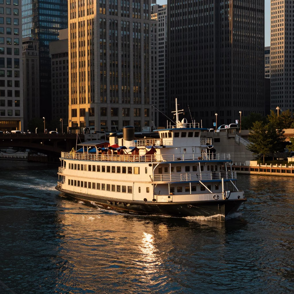 Golden Hour on River in Chicago in in Chicago, Illinois, United States