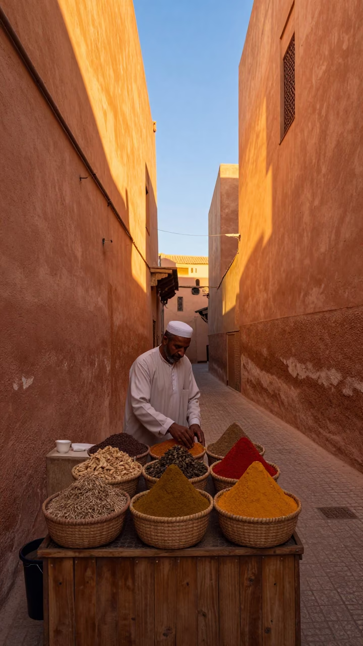 Golden Hour on Scene Medina in Marrakech in in Marrakech, Morocco