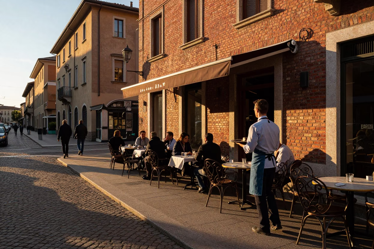 Golden Hour on Street Cafe in Milan in in Milan, Italy
