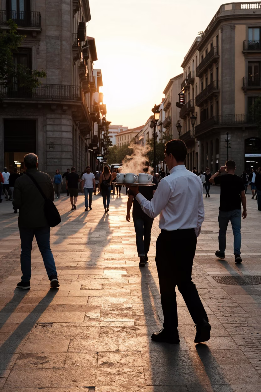 Golden Hour on Street Corner in Barcelona in in Barcelona, Spain