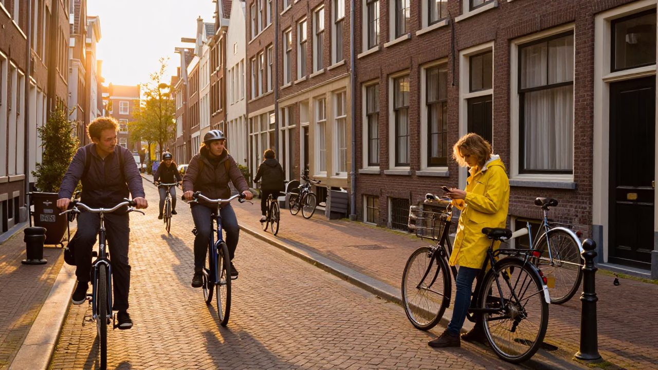 Golden Hour on Street Scene in Amsterdam in in Amsterdam, Netherlands