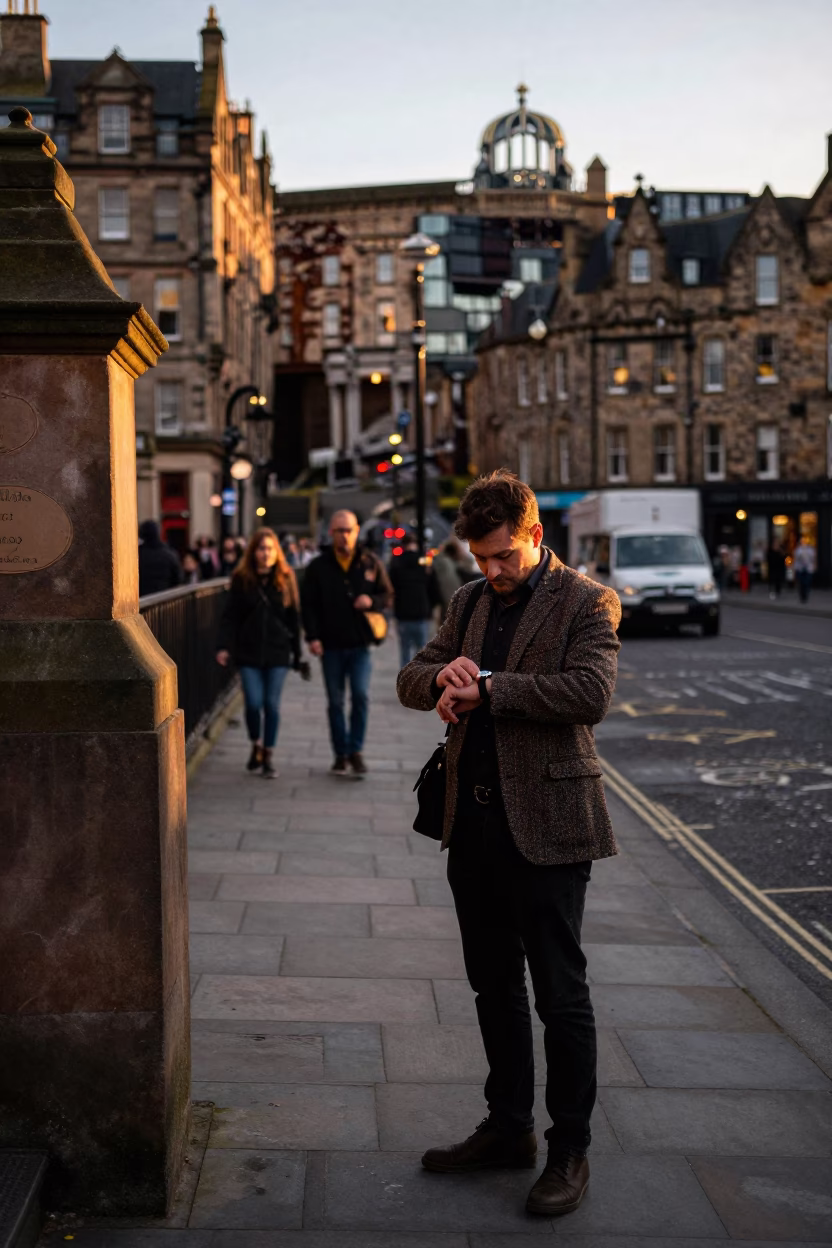 Golden Hour on Street Scene in Edinburgh in in Edinburgh, United Kingdom