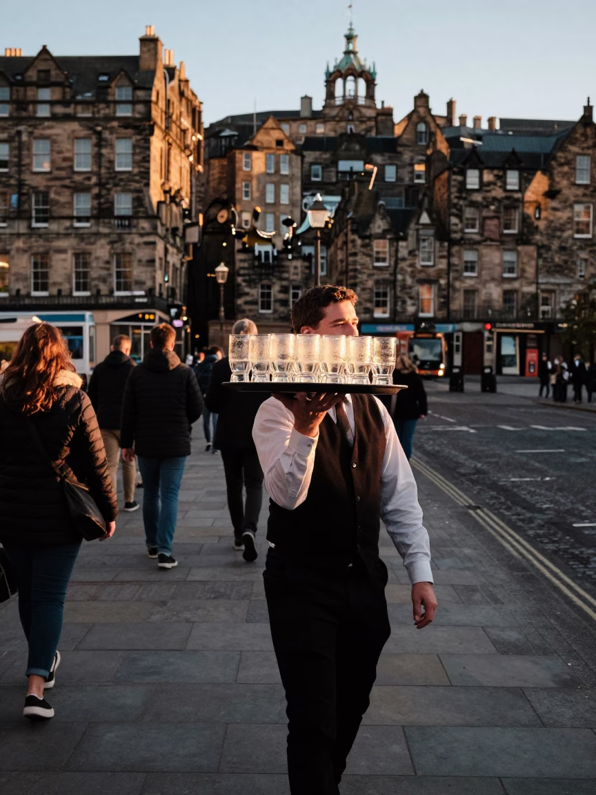 Golden Hour on Street Scene in Edinburgh in in Edinburgh, United Kingdom