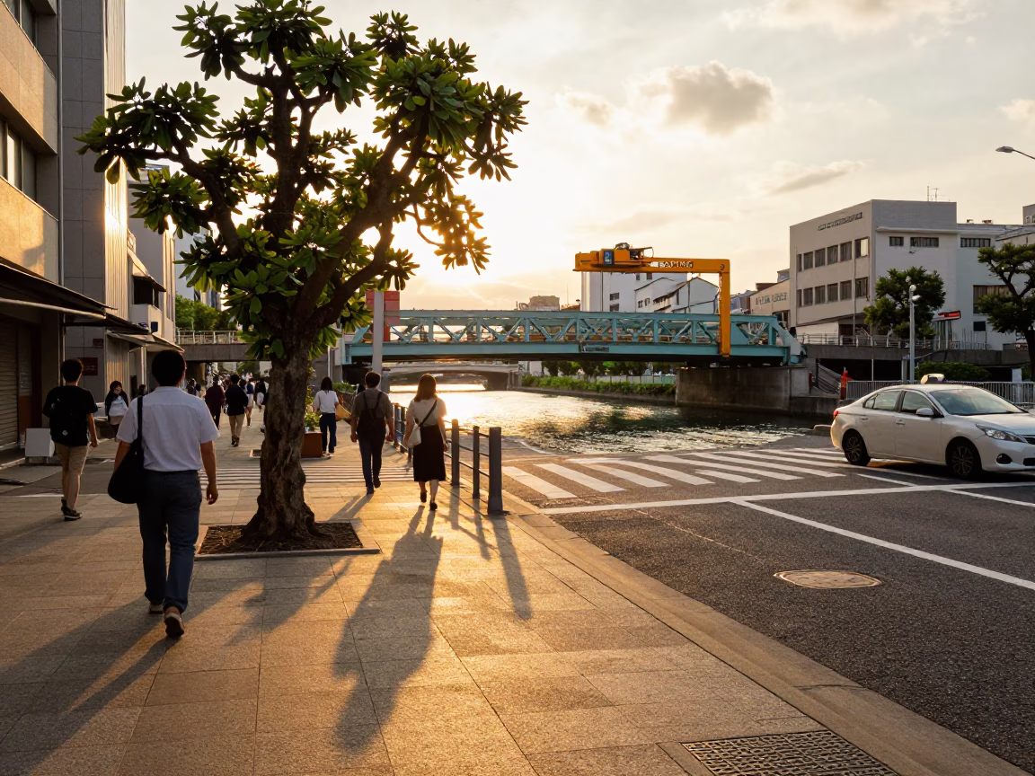 Golden Hour on Street Scene in Fukuoka in in Fukuoka, Japan