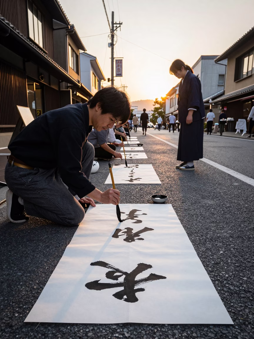Golden Hour on Street Scene in Fukuoka in in Fukuoka, Japan